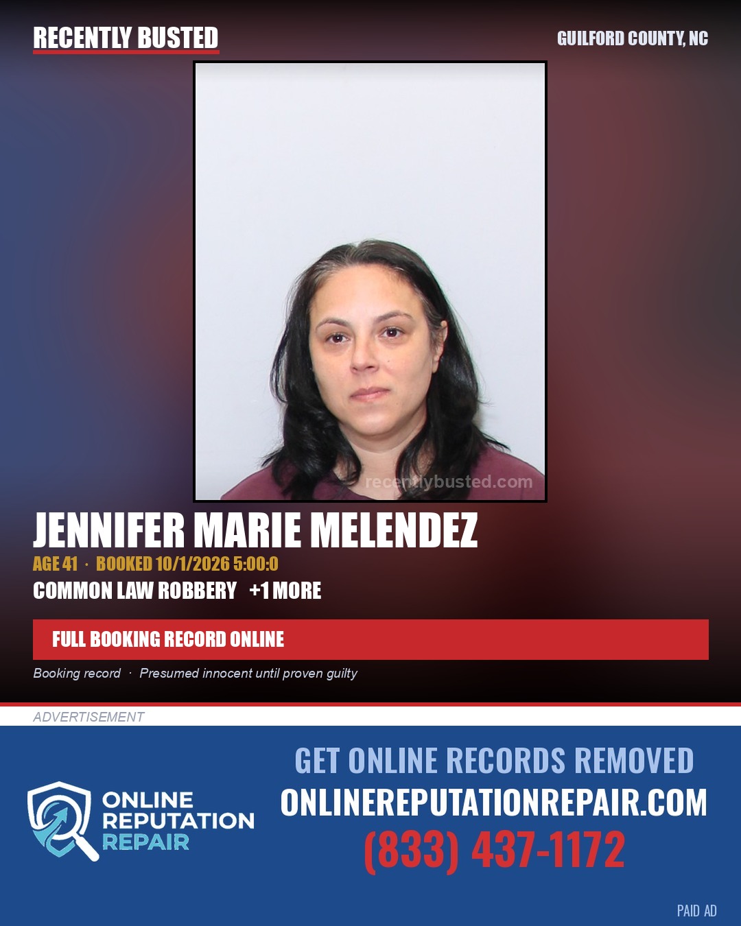 JENNIFER MARIE MELENDEZ — arrest record card, Guilford County, North Carolina