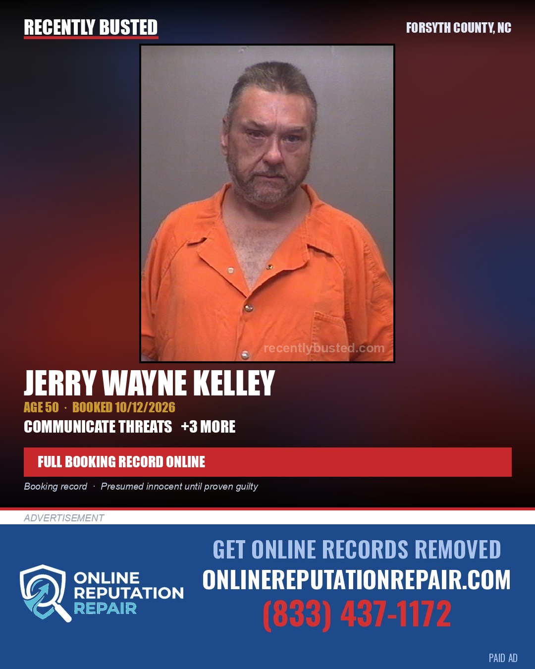 JERRY WAYNE KELLEY — arrest record card, Forsyth County, North Carolina
