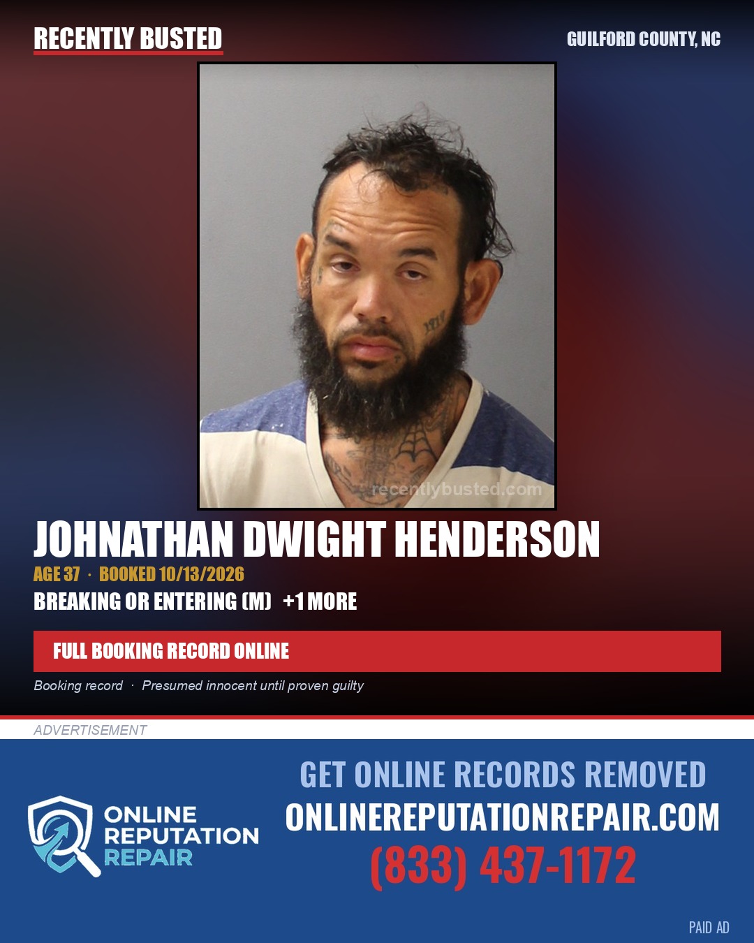 JOHNATHAN DWIGHT HENDERSON — arrest record card, Guilford County, North Carolina