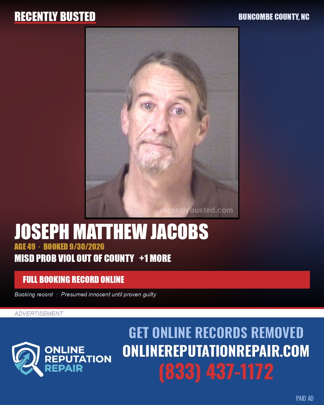JOSEPH MATTHEW JACOBS — arrest record card, Buncombe County, North Carolina