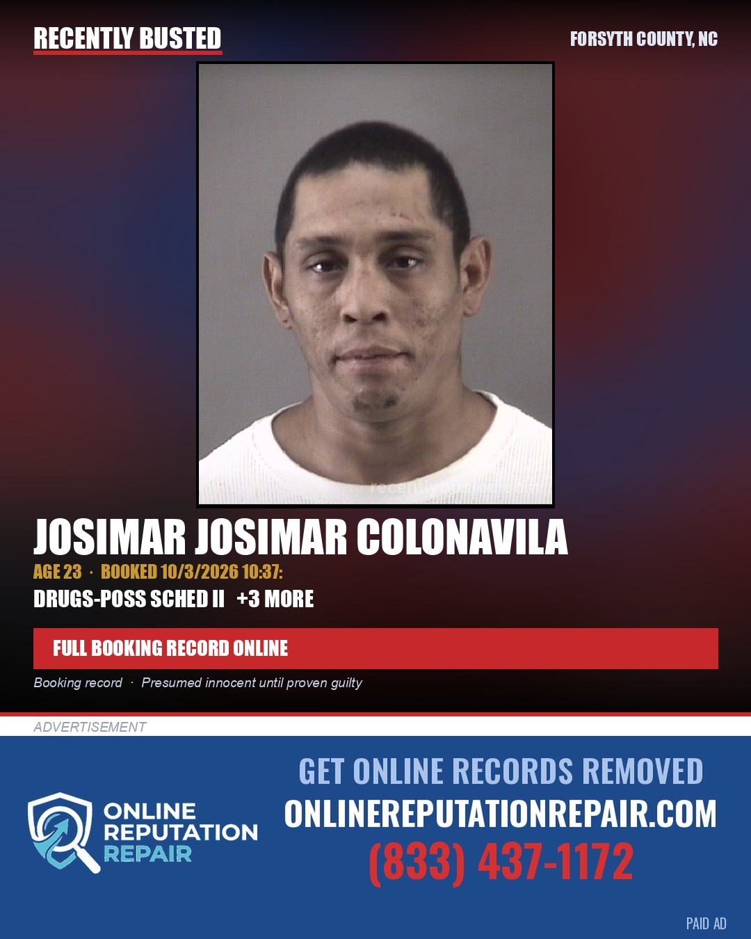 JOSIMAR JOSIMAR COLONAVILA — arrest record card, Forsyth County, North Carolina