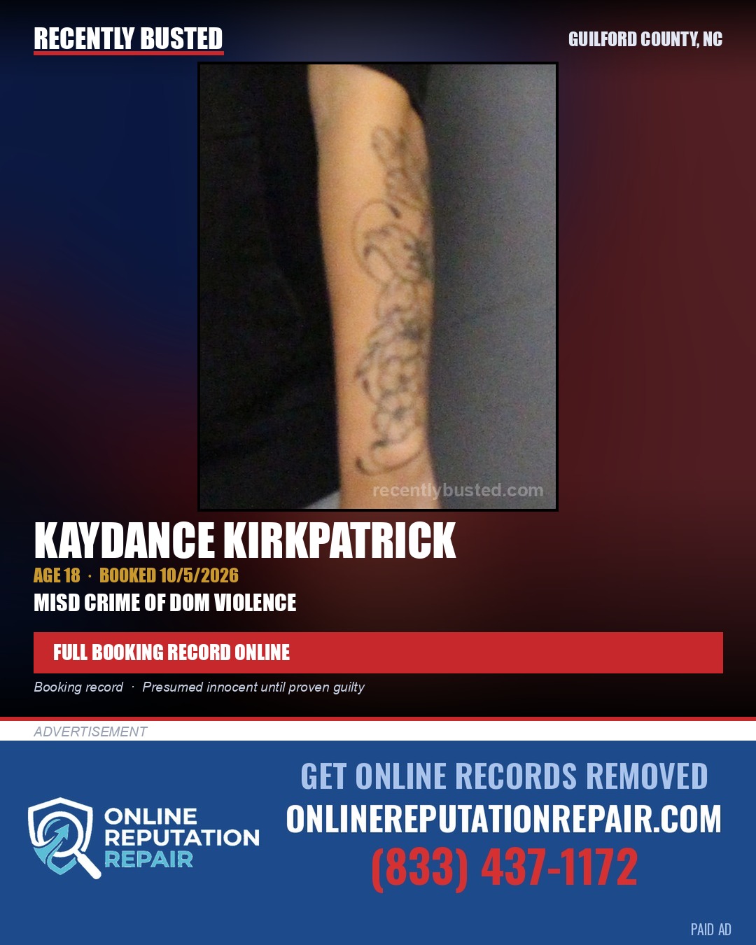 KAYDANCE KIRKPATRICK — arrest record card, Guilford County, North Carolina