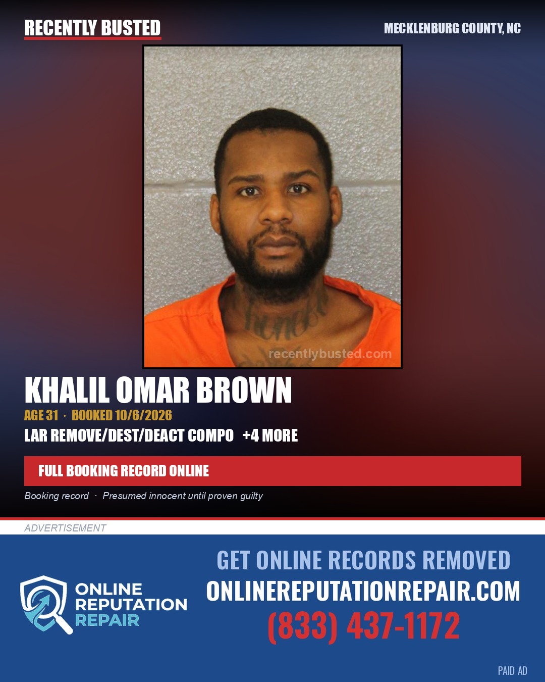 KHALIL OMAR BROWN — arrest record card, Mecklenburg County, North Carolina