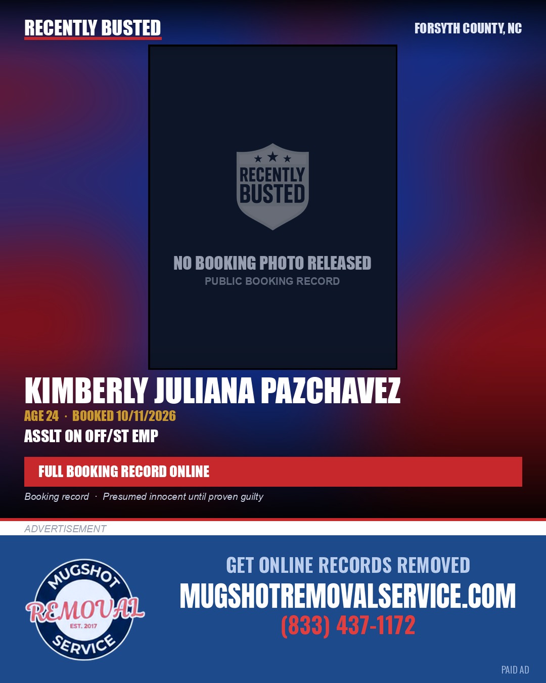KIMBERLY JULIANA PAZCHAVEZ — arrest record card, Forsyth County, North Carolina