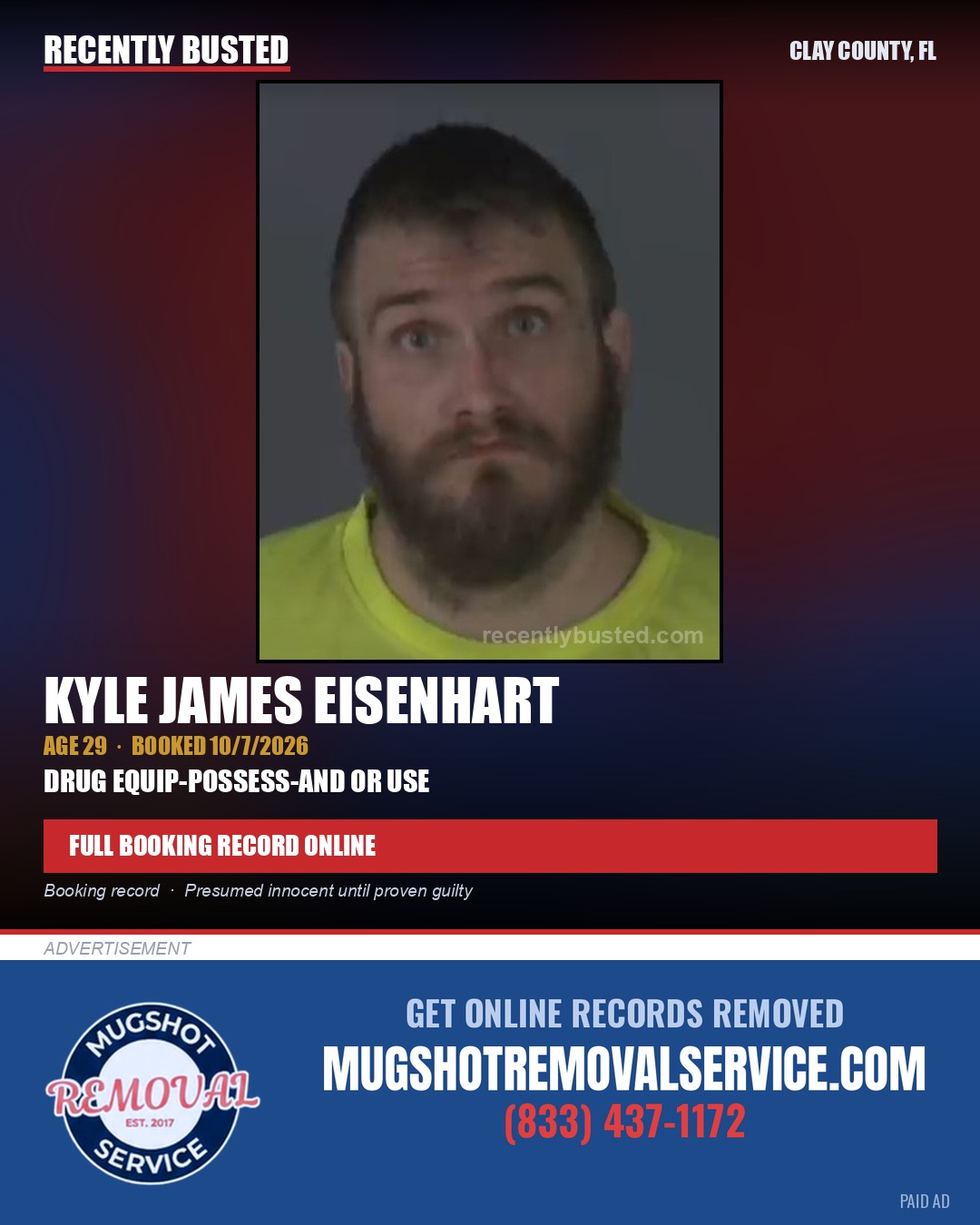 KYLE JAMES EISENHART — arrest record card, Clay County, Florida