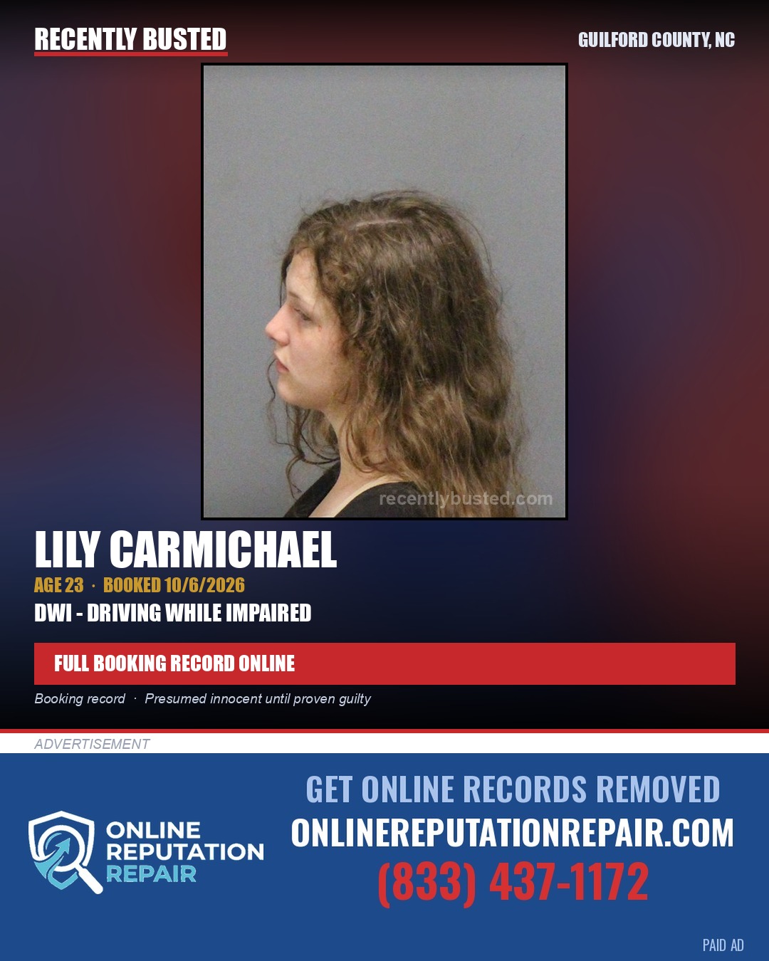 LILY CARMICHAEL — arrest record card, Guilford County, North Carolina