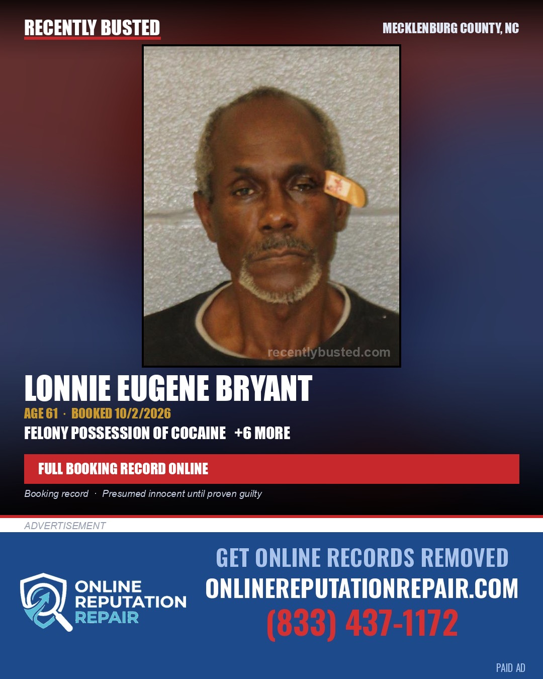 LONNIE EUGENE BRYANT — arrest record card, Mecklenburg County, North Carolina