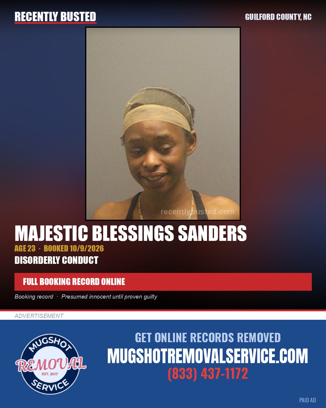 MAJESTIC BLESSINGS SANDERS — arrest record card, Guilford County, North Carolina
