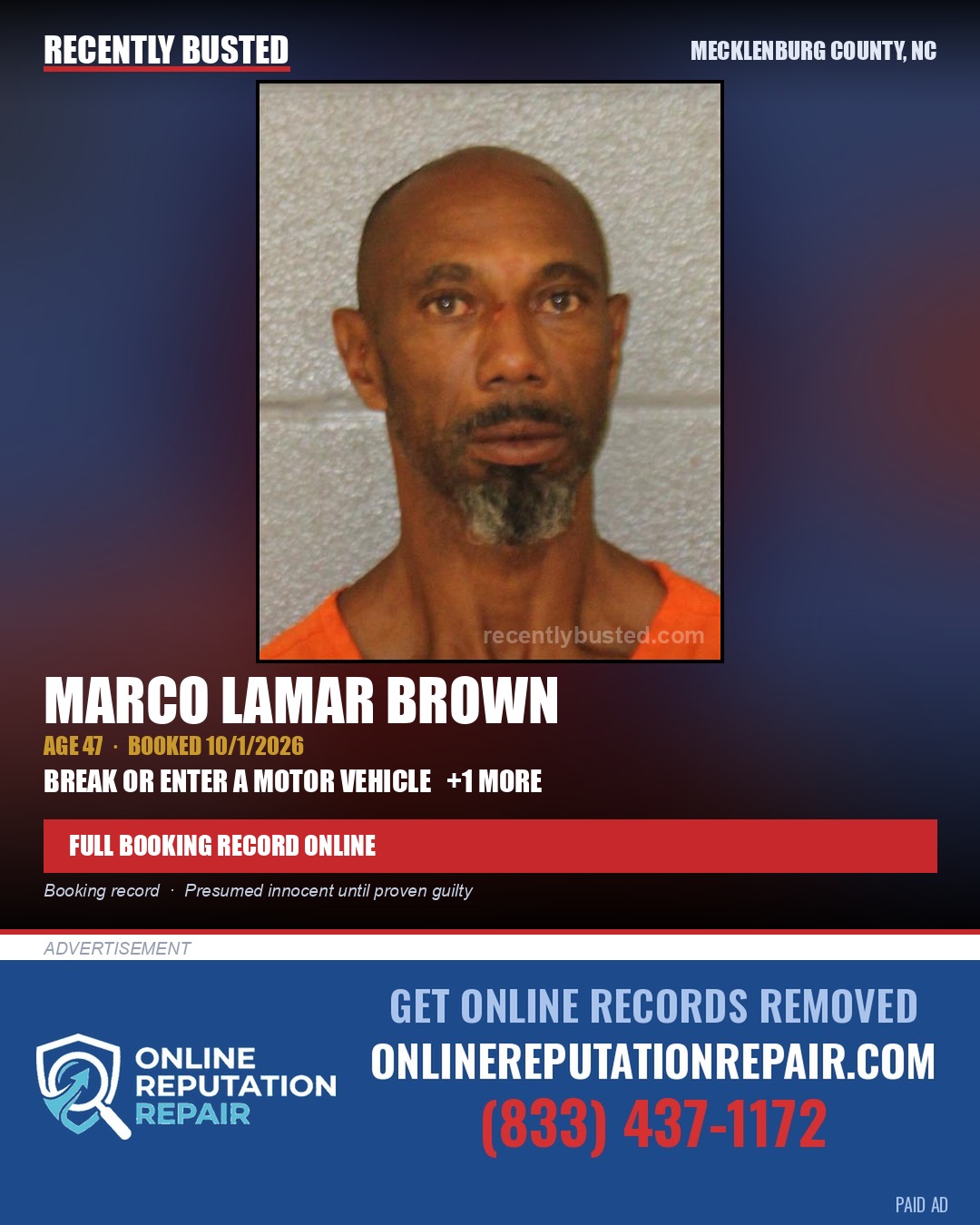 MARCO LAMAR BROWN — arrest record card, Mecklenburg County, North Carolina