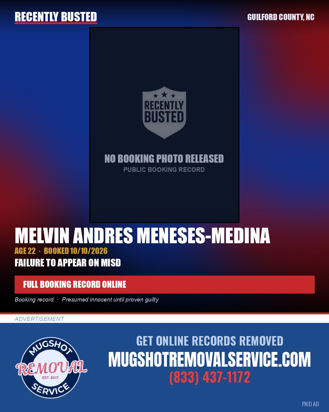 MELVIN ANDRES MENESES-MEDINA — arrest record card, Guilford County, North Carolina