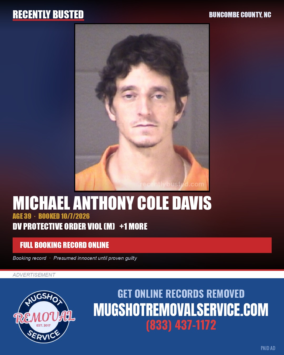 MICHAEL ANTHONY COLE DAVIS — arrest record card, Buncombe County, North Carolina