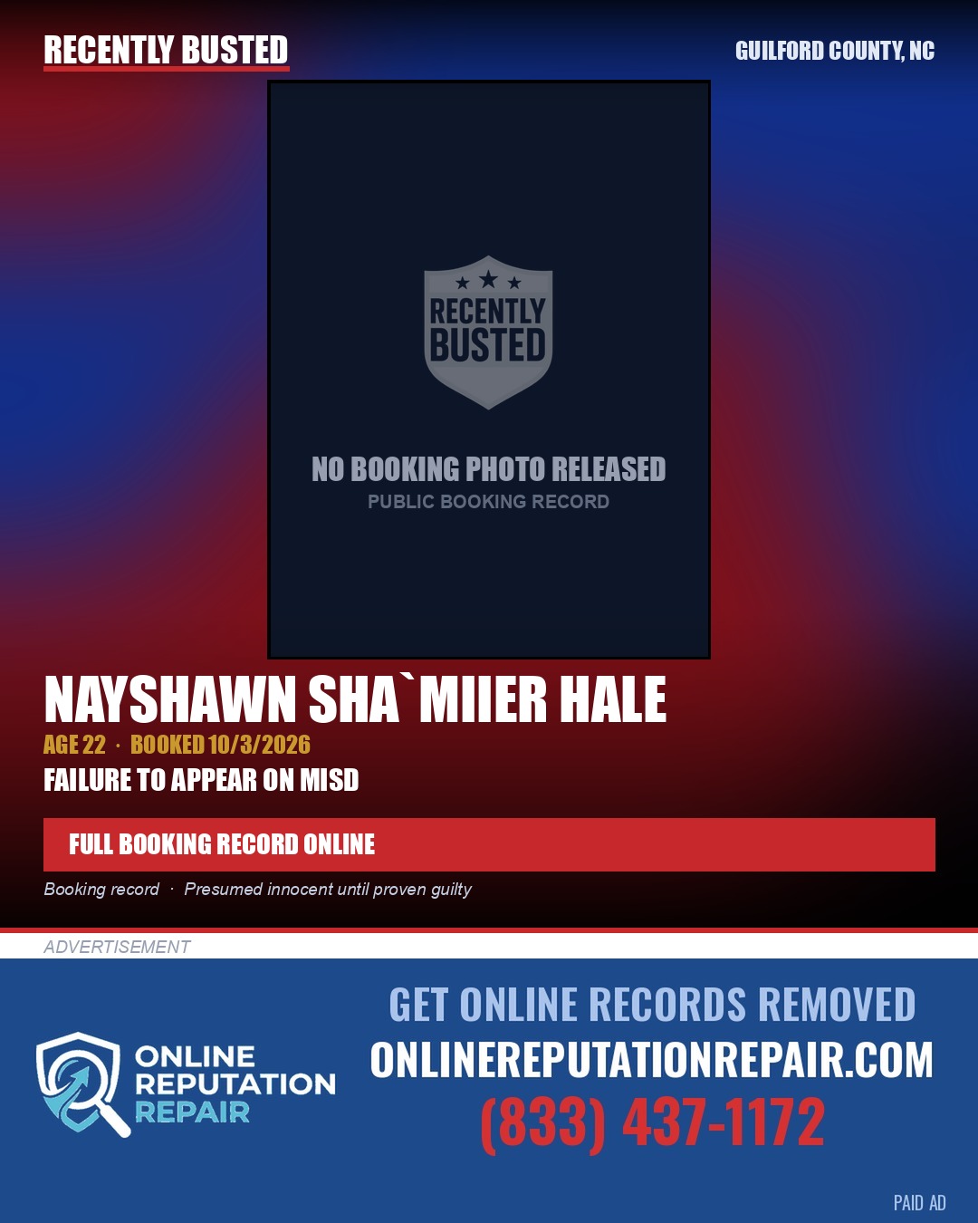 NAYSHAWN SHA`MIIER HALE — arrest record card, Guilford County, North Carolina