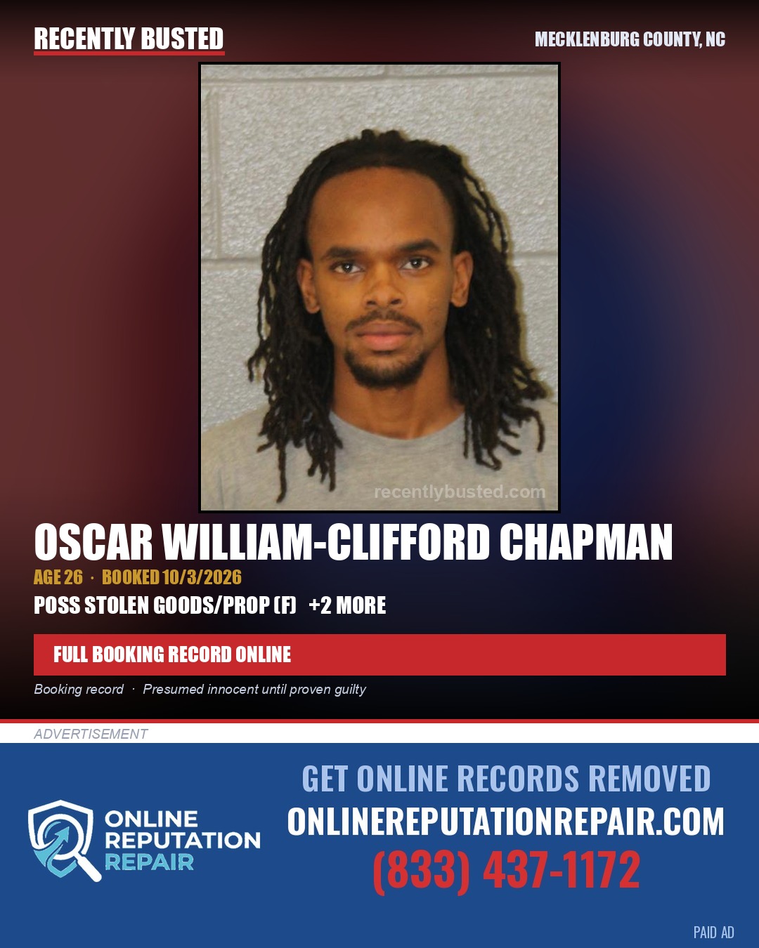OSCAR WILLIAM-CLIFFORD CHAPMAN — arrest record card, Mecklenburg County, North Carolina