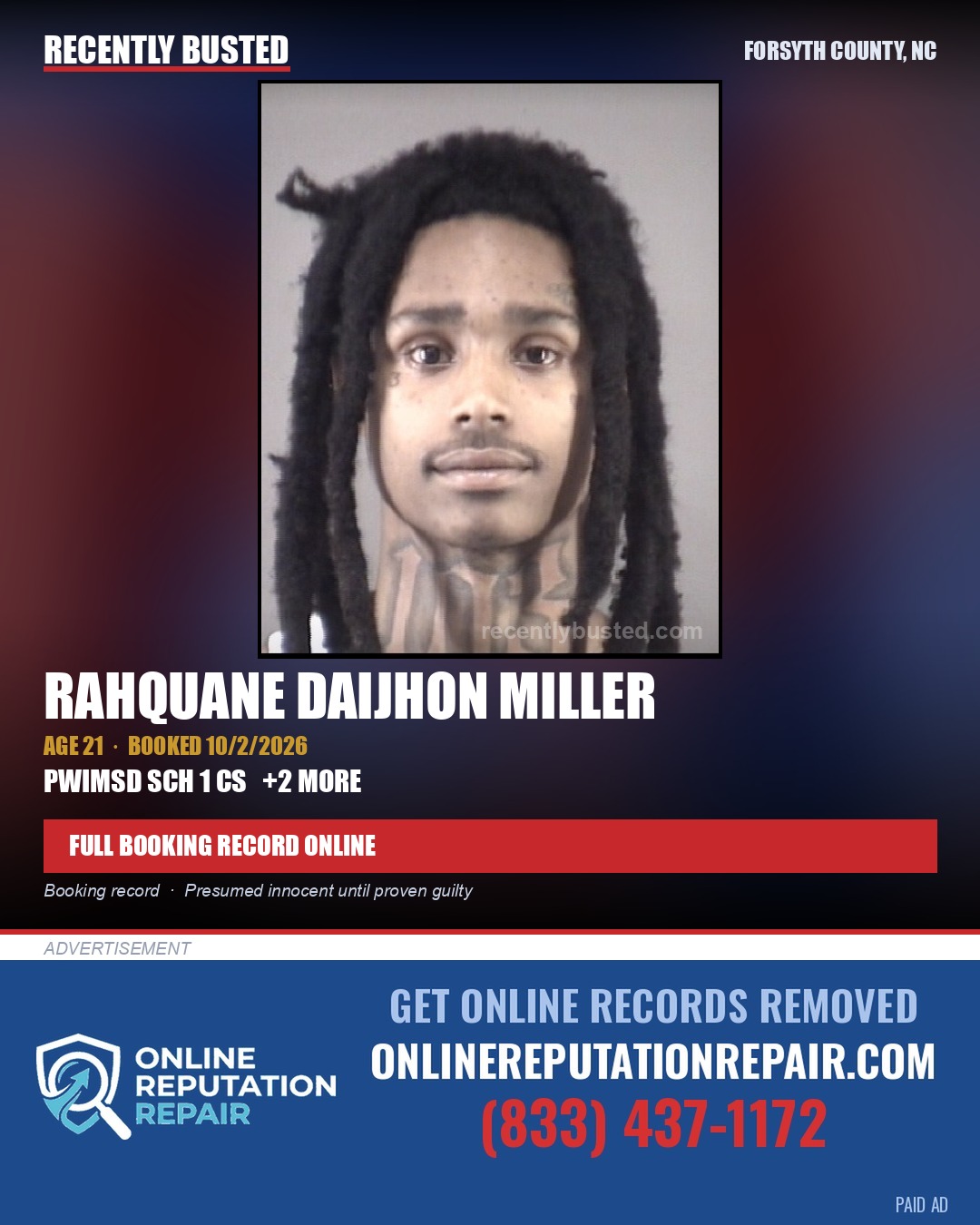 RAHQUANE DAIJHON MILLER — arrest record card, Forsyth County, North Carolina