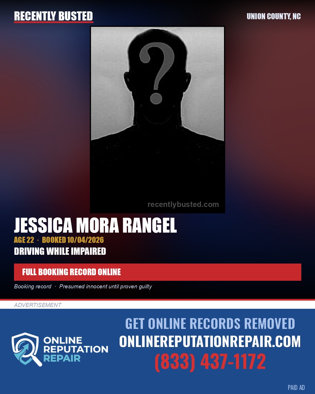 RANGEL, JESSICA MORA — arrest record card, Union County, North Carolina