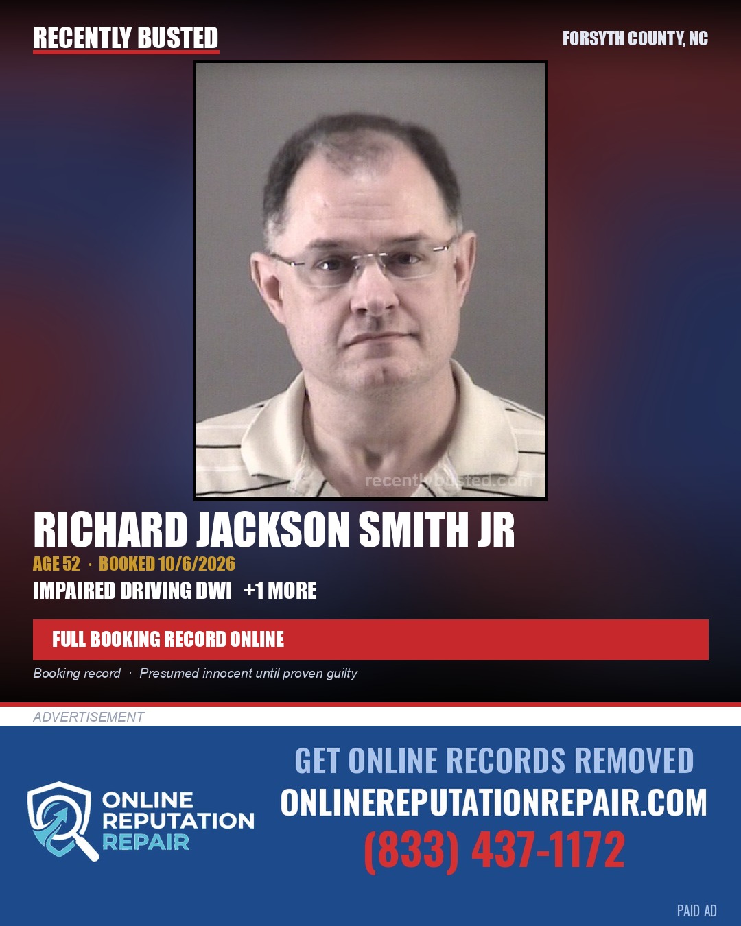 RICHARD JACKSON SMITH JR — arrest record card, Forsyth County, North Carolina