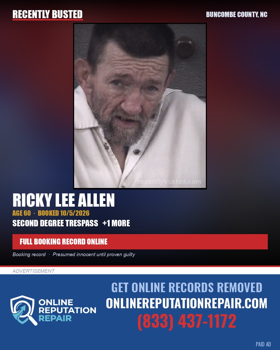 RICKY LEE ALLEN — arrest record card, Buncombe County, North Carolina