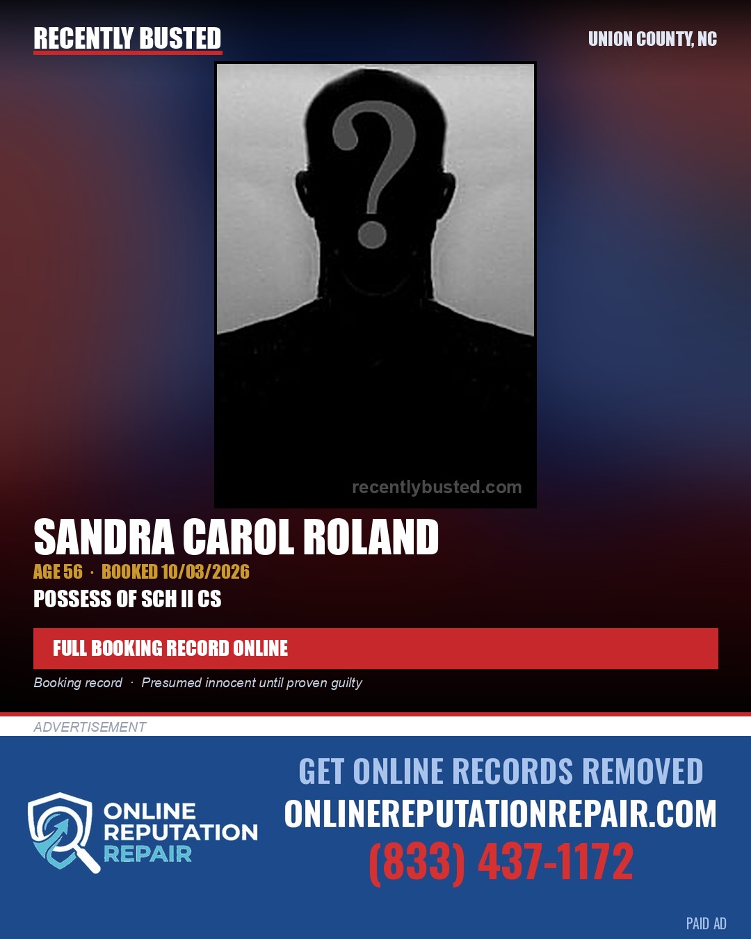 ROLAND, SANDRA CAROL — arrest record card, Union County, North Carolina