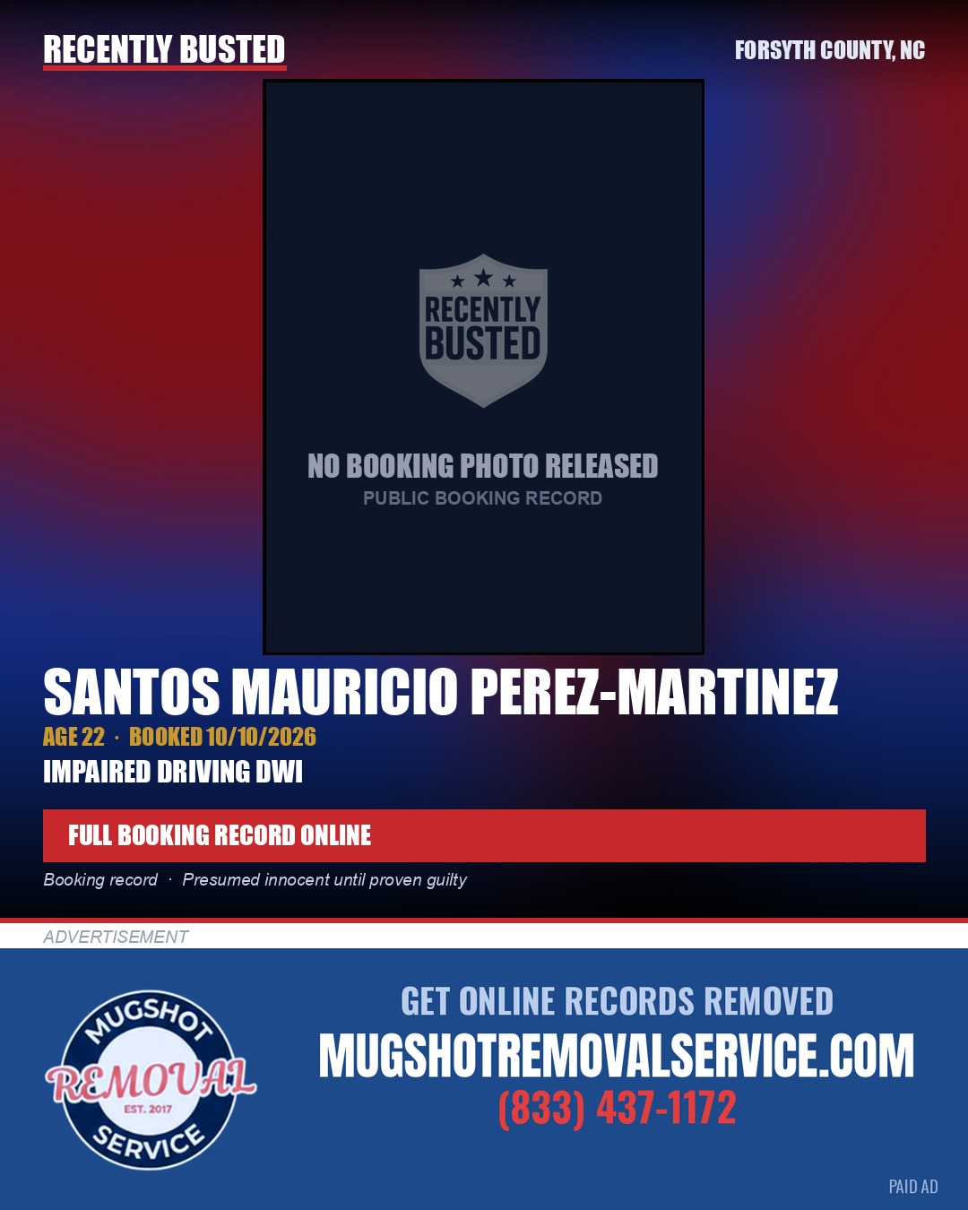 SANTOS MAURICIO PEREZ-MARTINEZ — arrest record card, Forsyth County, North Carolina