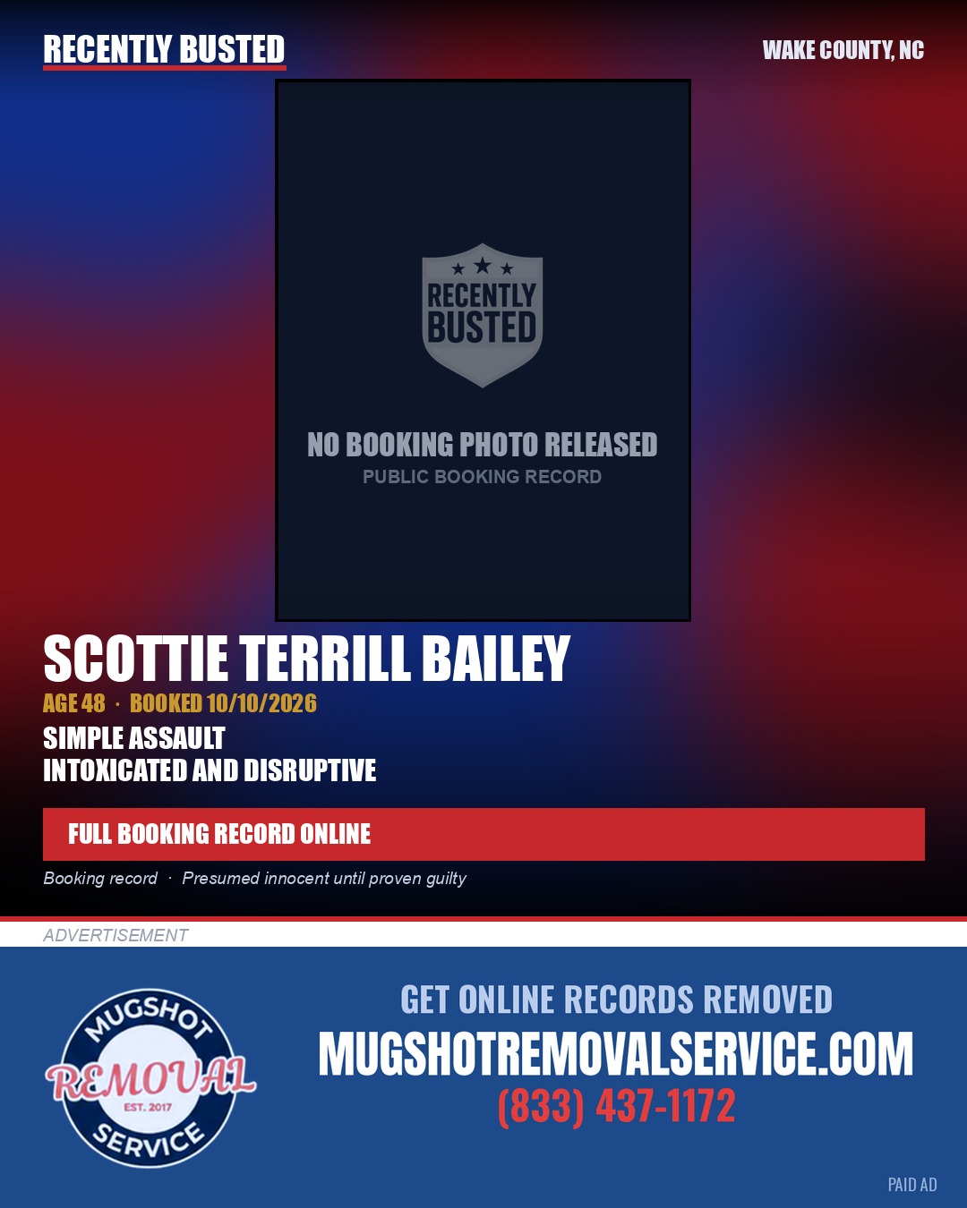 SCOTTIE TERRILL BAILEY — arrest record card, Wake County, North Carolina