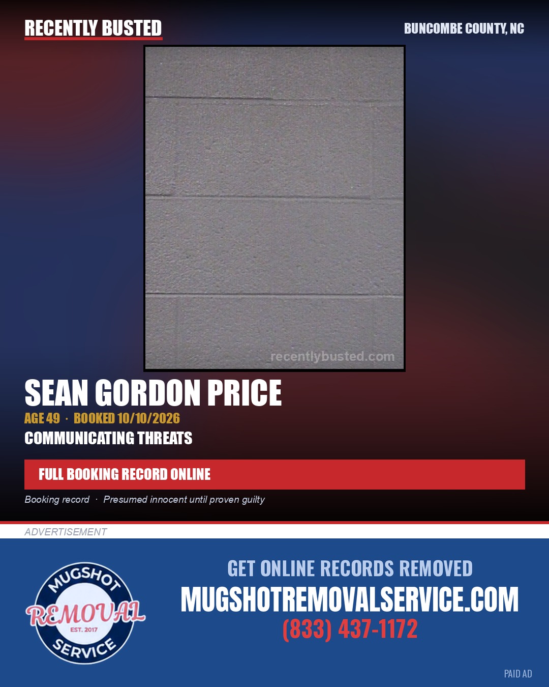 SEAN GORDON PRICE — arrest record card, Buncombe County, North Carolina