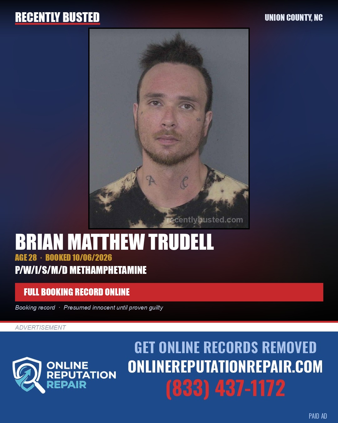 TRUDELL, BRIAN MATTHEW — arrest record card, Union County, North Carolina