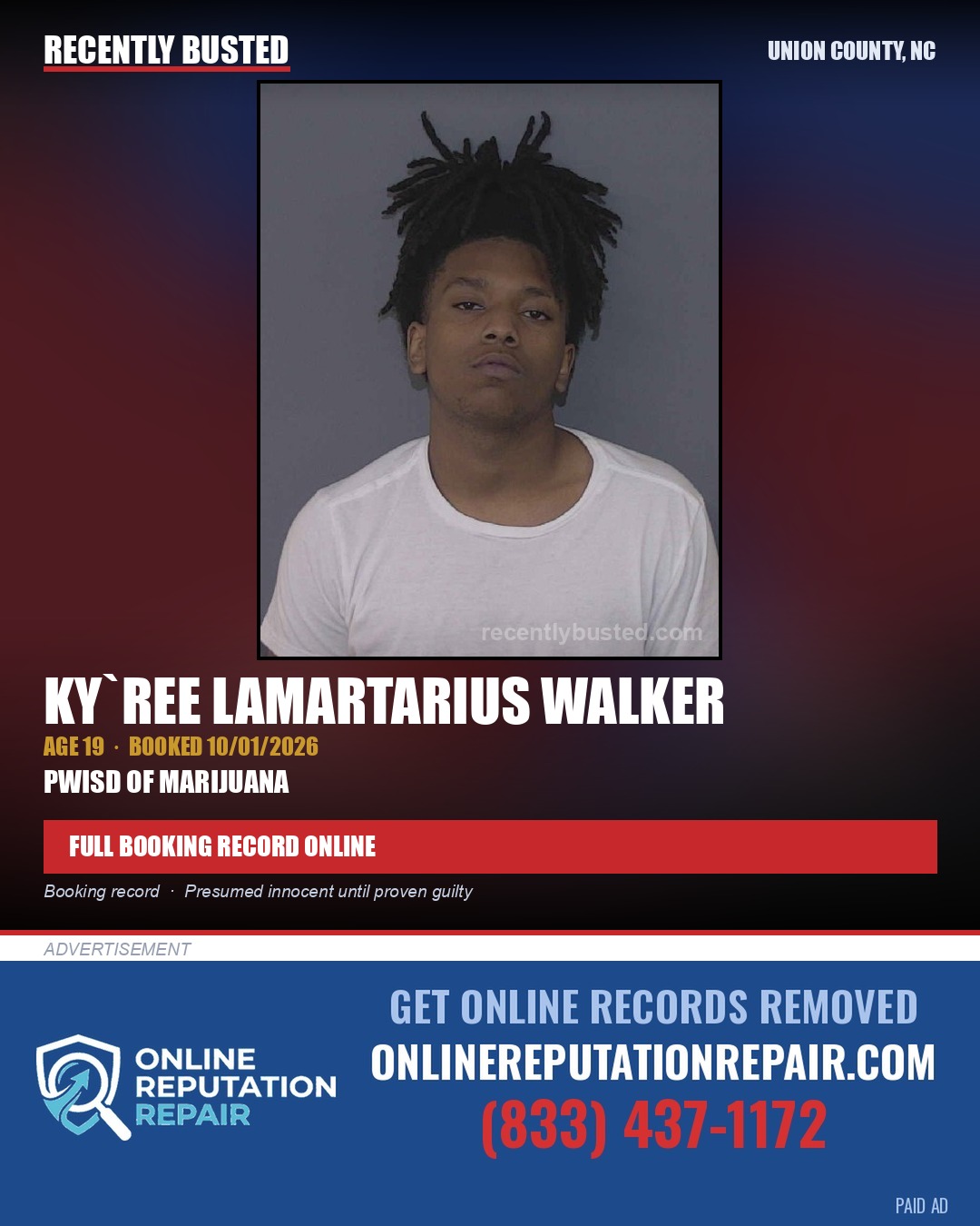 WALKER, KY`REE LAMARTARIUS — arrest record card, Union County, North Carolina