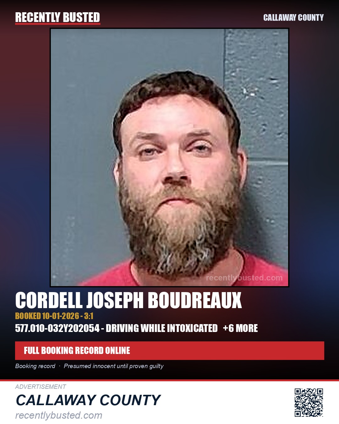 Boudreaux, Cordell Joseph — arrest record card, Callaway County