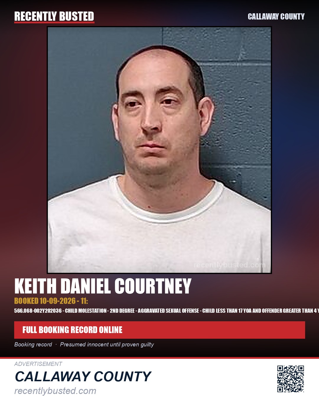 Courtney, Keith Daniel — arrest record card, Callaway County