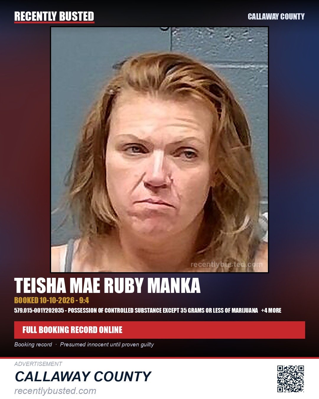 Manka, Teisha Mae Ruby — arrest record card, Callaway County