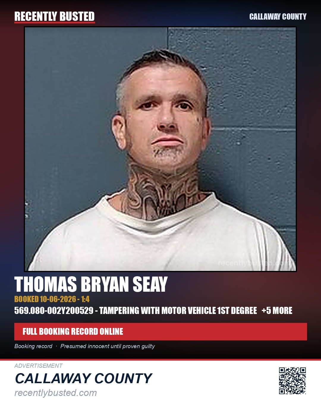 Seay, Thomas Bryan — arrest record card, Callaway County