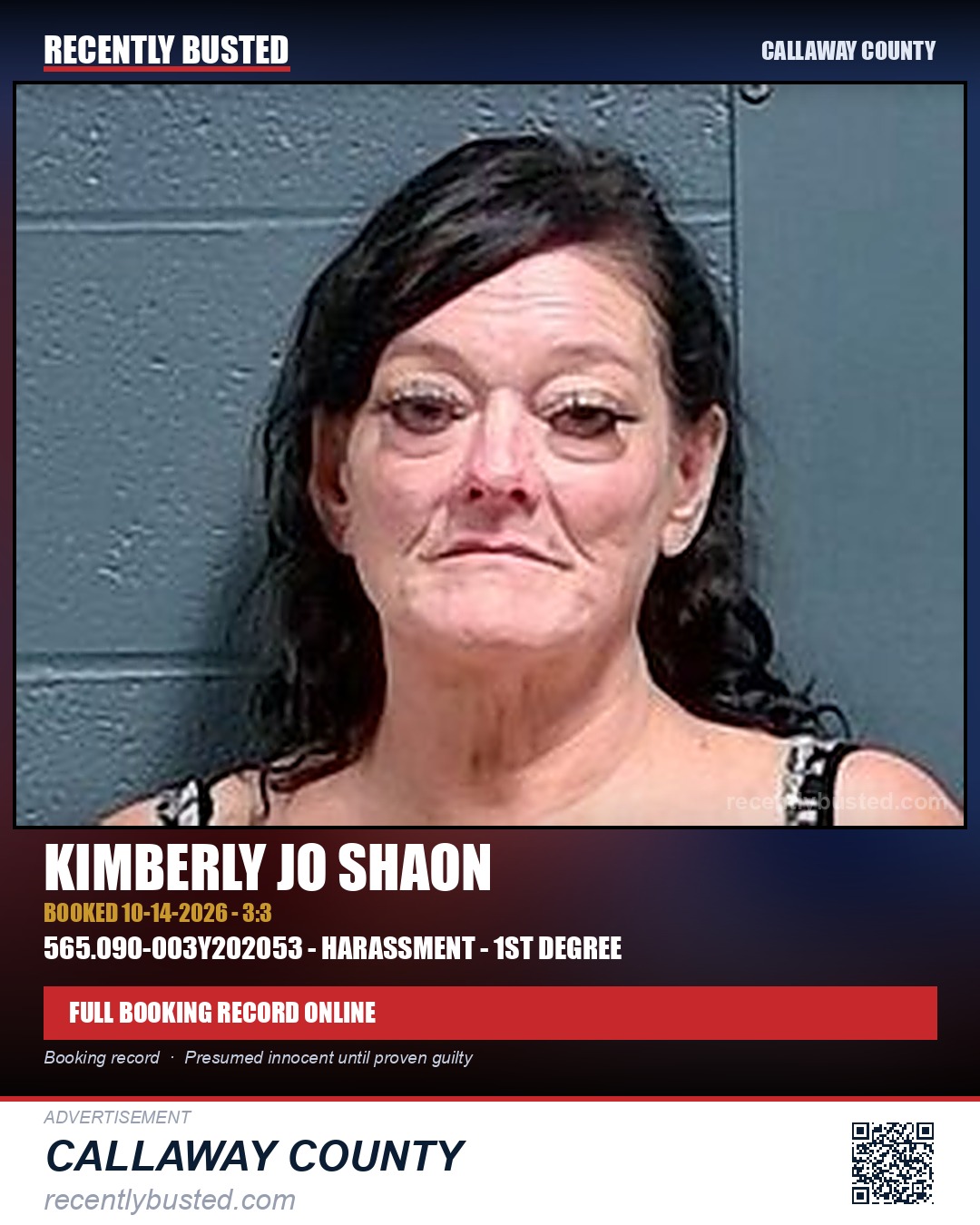 Shaon, Kimberly Jo — arrest record card, Callaway County