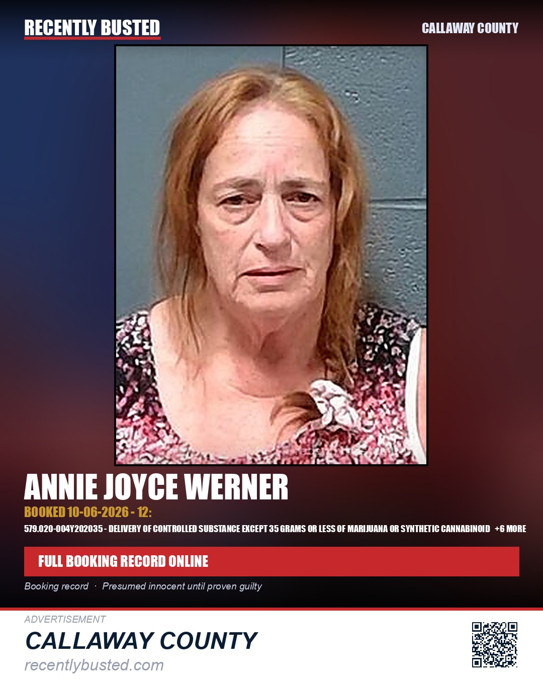 Werner, Annie Joyce — arrest record card, Callaway County
