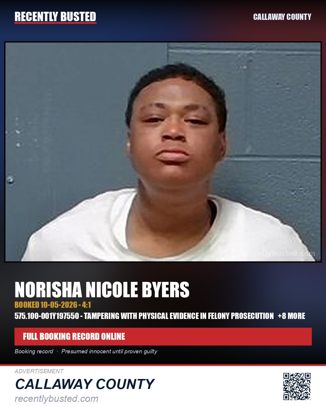 Byers, Norisha Nicole — arrest record card, Callaway County