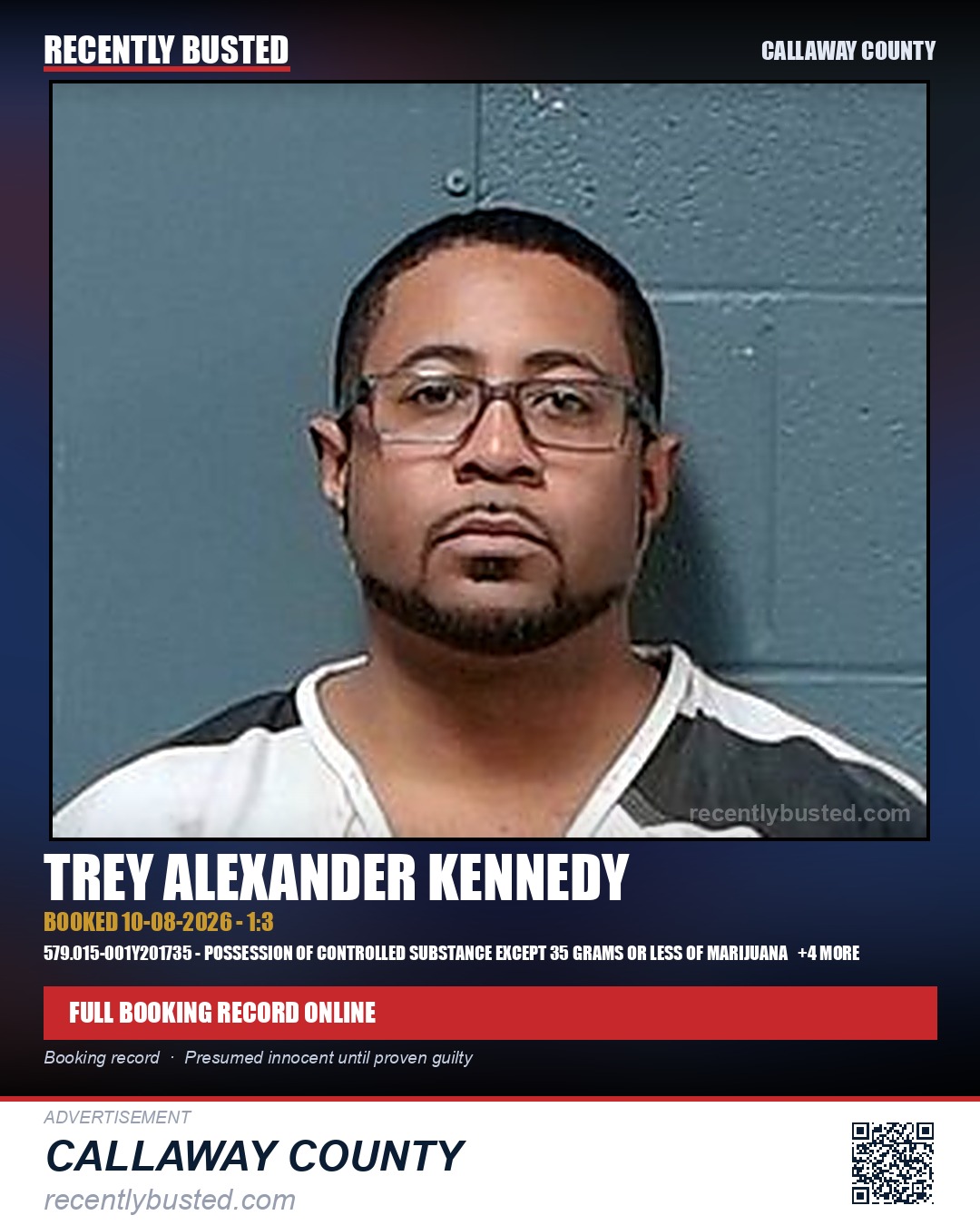 Kennedy, Trey Alexander — arrest record card, Callaway County