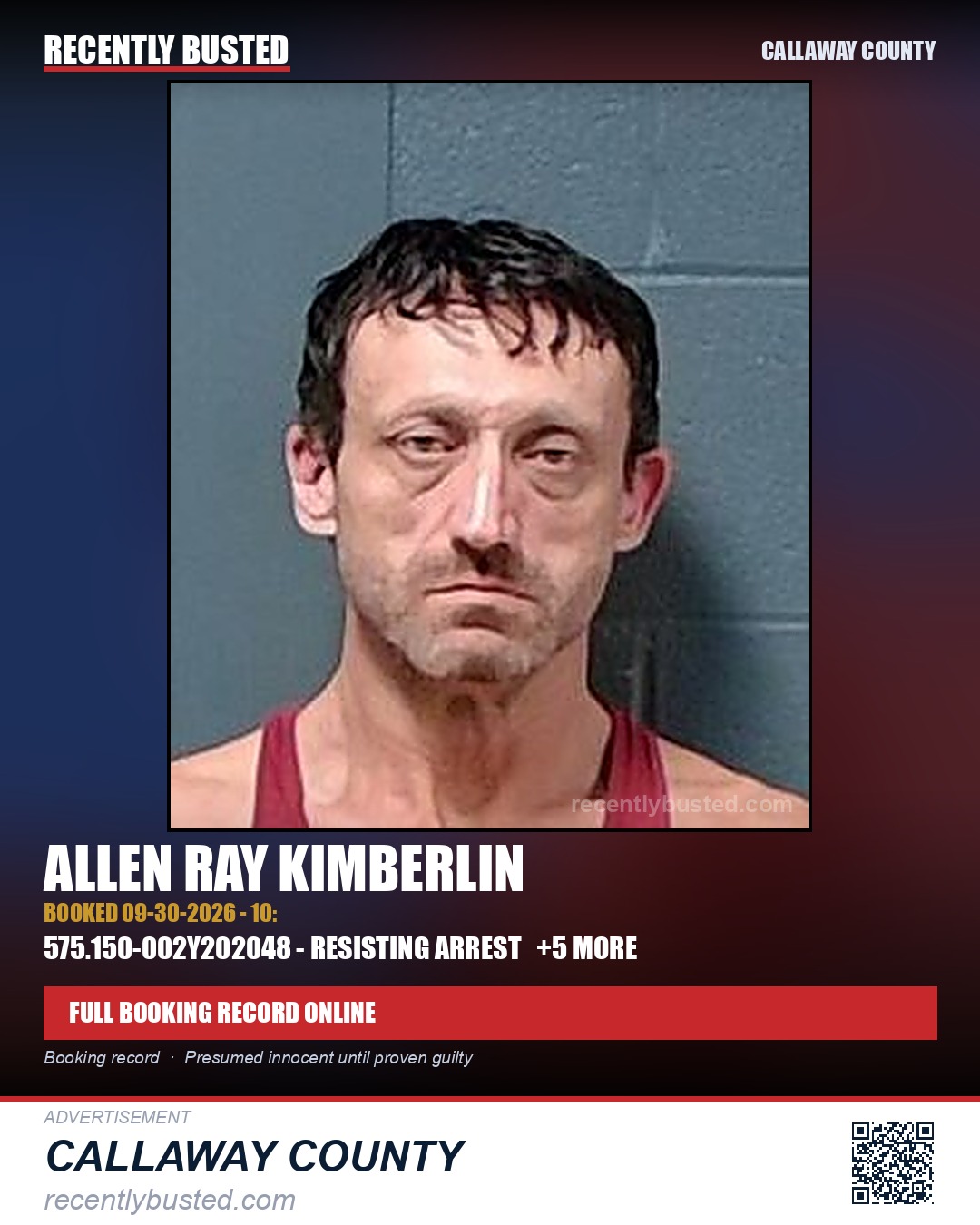 Kimberlin, Allen Ray — arrest record card, Callaway County