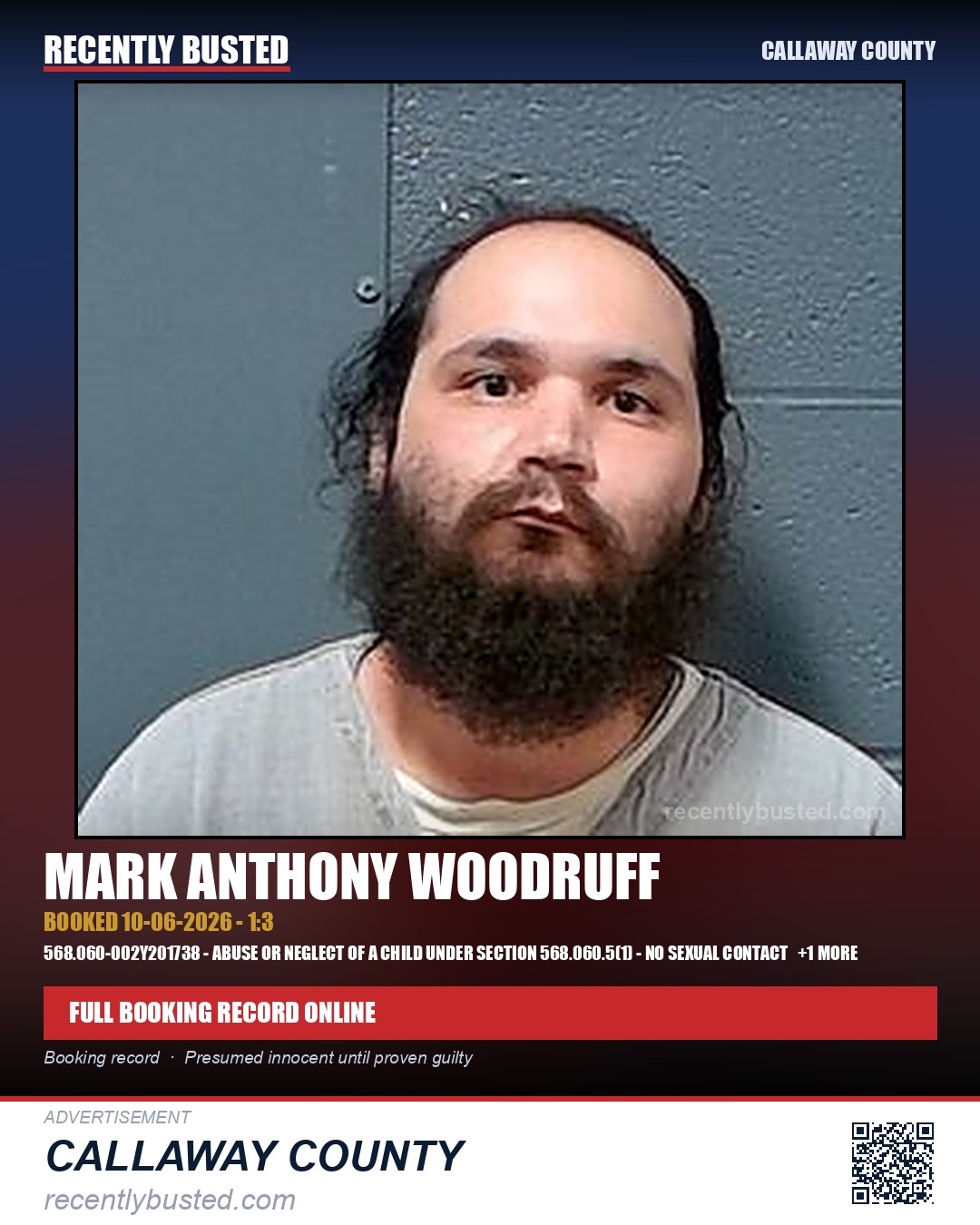 Woodruff, Mark Anthony — arrest record card, Callaway County