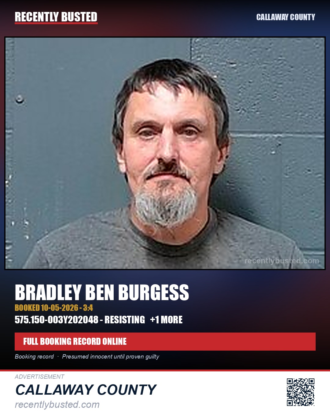 Burgess, Bradley Ben — arrest record card, Callaway County