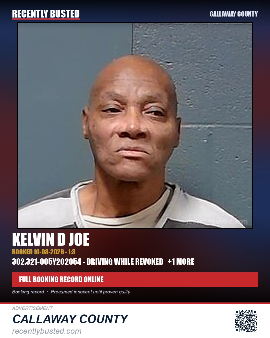 Joe, Kelvin D — arrest record card, Callaway County