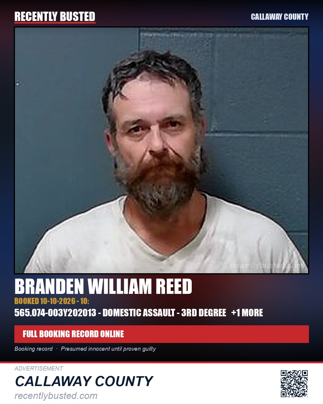 Reed, Branden William — arrest record card, Callaway County