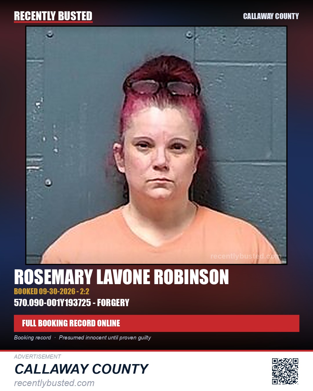 Robinson, Rosemary Lavone — arrest record card, Callaway County