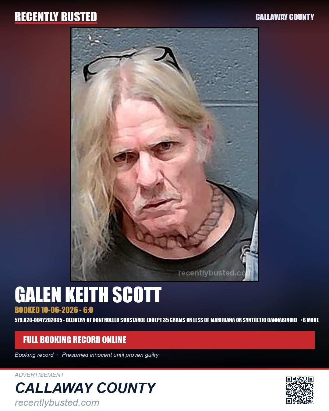 Scott, Galen Keith — arrest record card, Callaway County