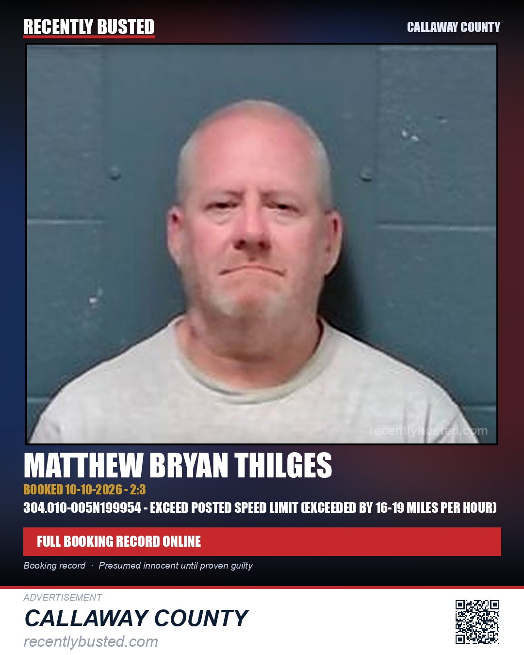 Thilges, Matthew Bryan — arrest record card, Callaway County