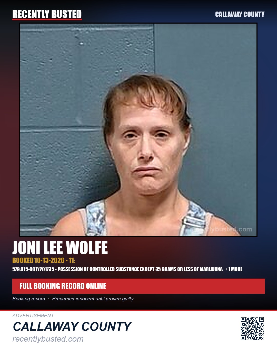 Wolfe, Joni Lee — arrest record card, Callaway County