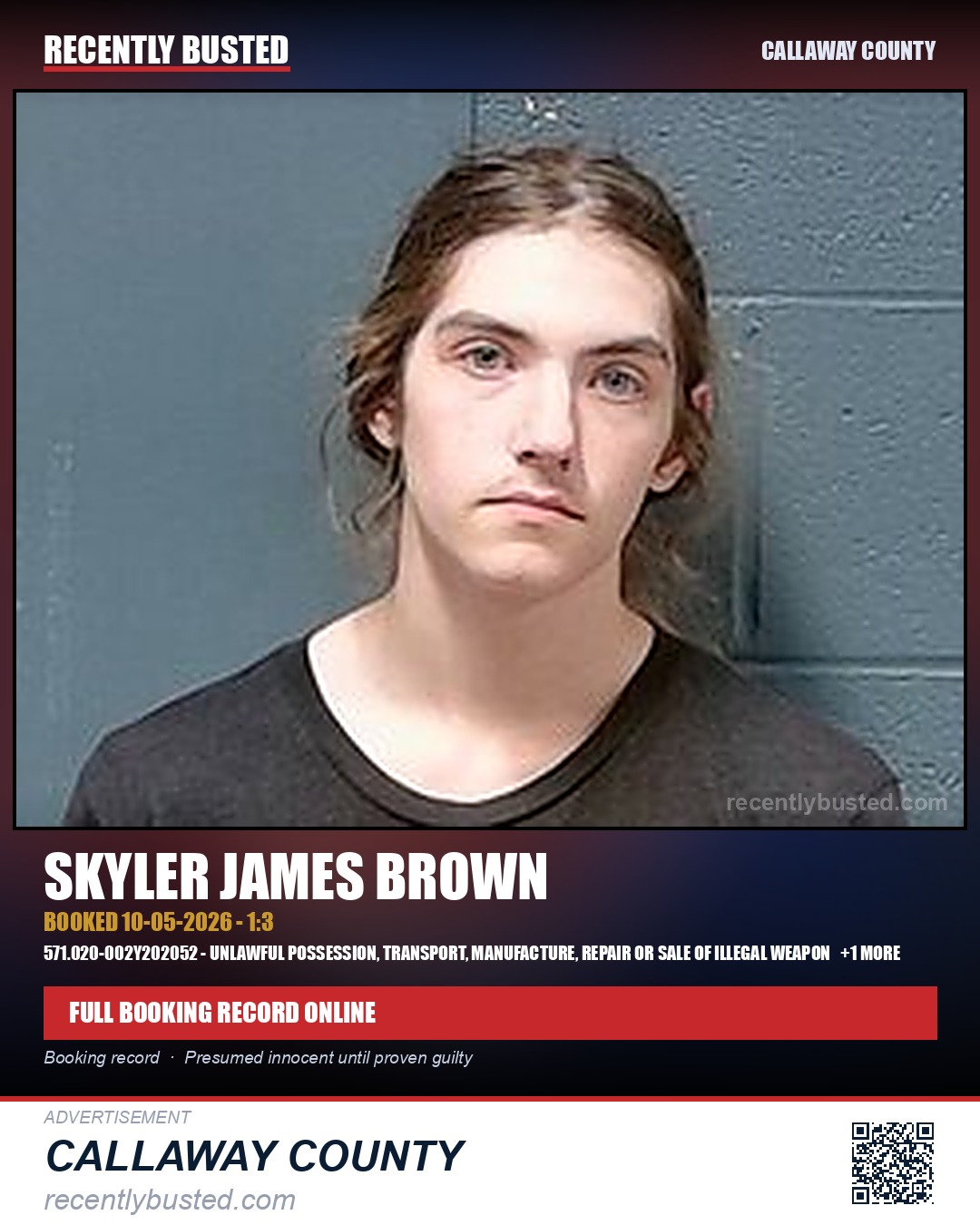 Brown, Skyler James — arrest record card, Callaway County