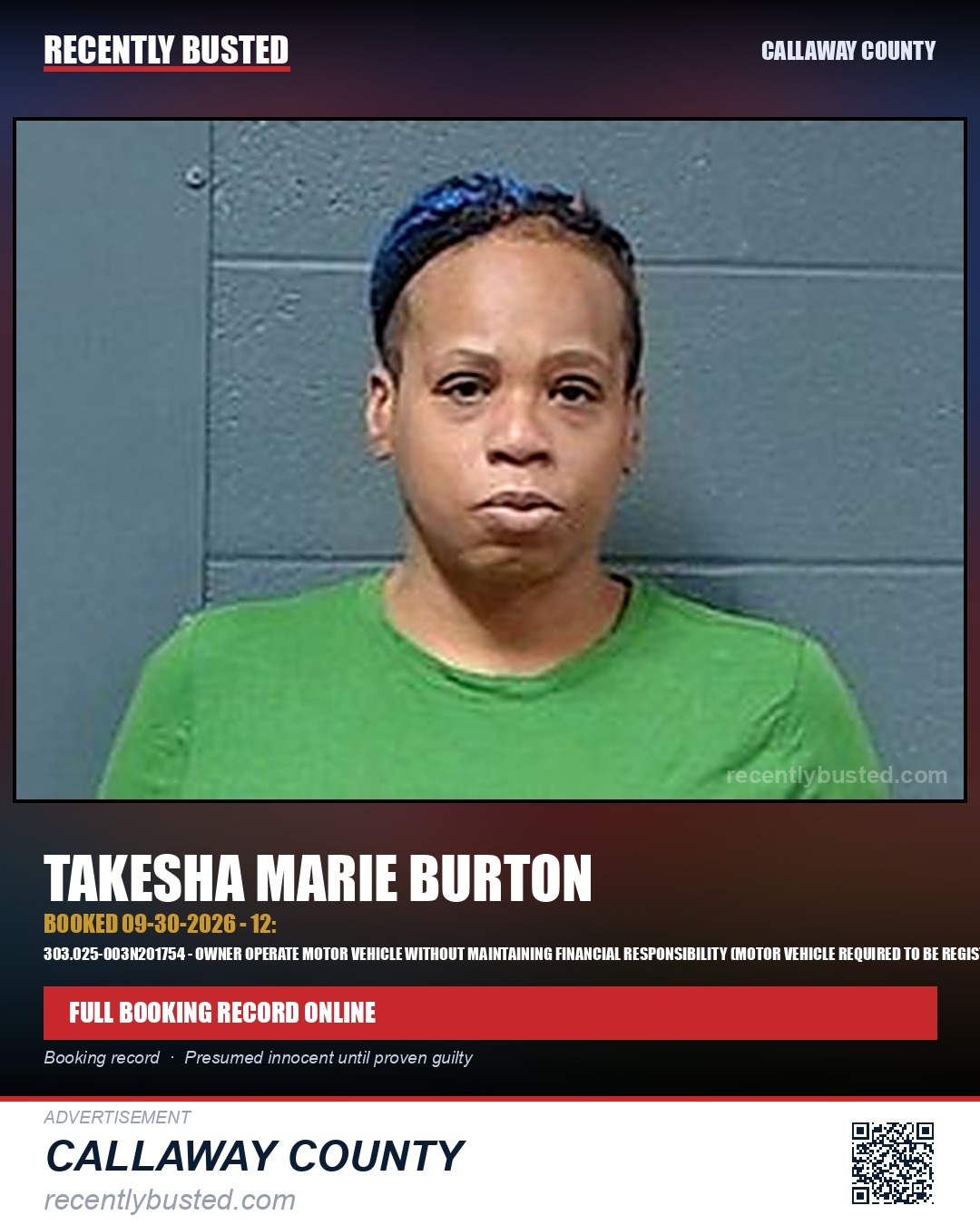 Burton, Takesha Marie — arrest record card, Callaway County
