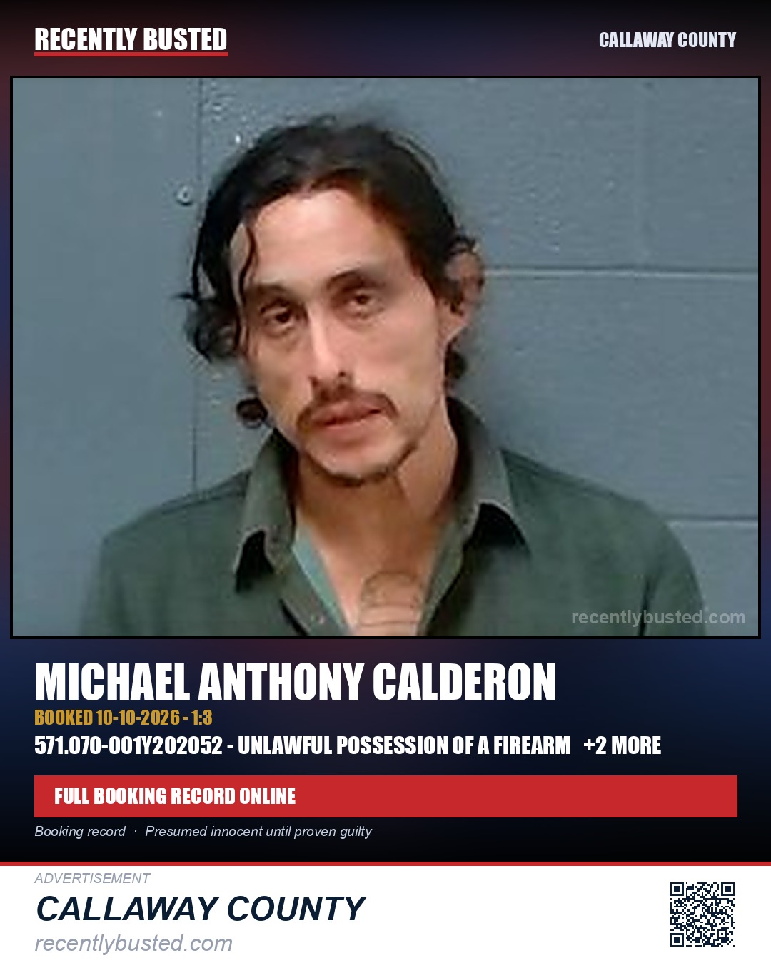 Calderon, Michael Anthony — arrest record card, Callaway County