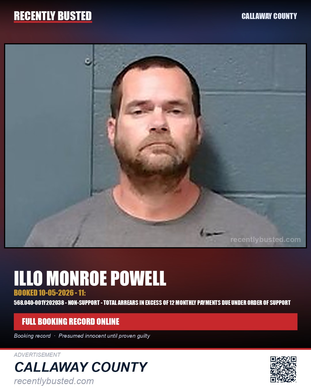 Powell, Illo Monroe — arrest record card, Callaway County