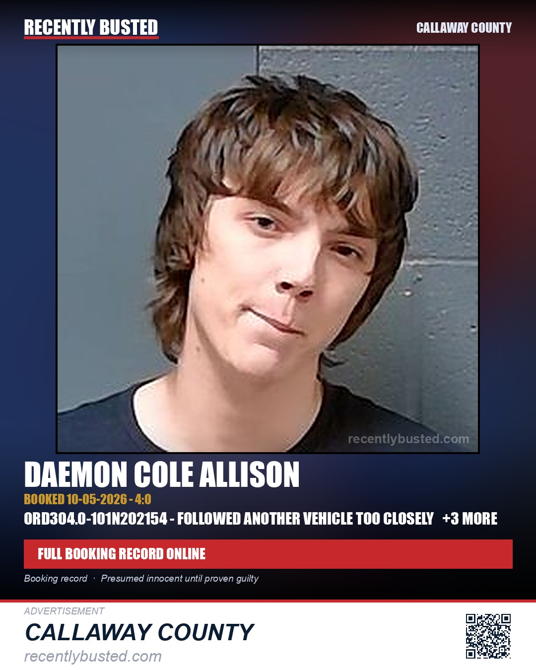 Allison, Daemon Cole — arrest record card, Callaway County