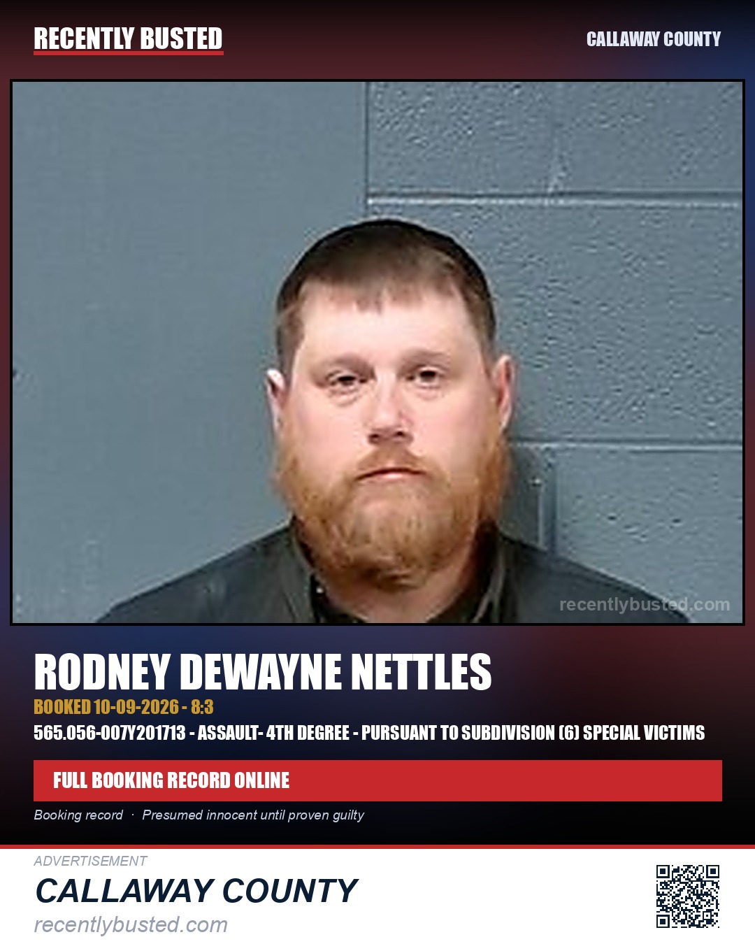Nettles, Rodney Dewayne — arrest record card, Callaway County